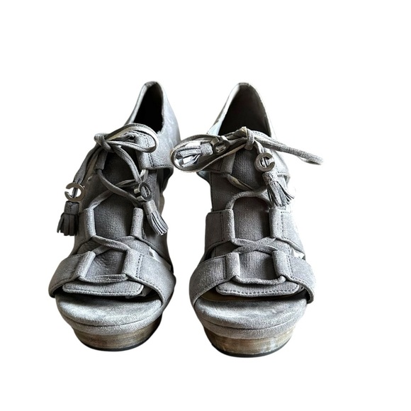 Coach Teagan Genuine Suede Leather Lace Up Open Toe High Heels In Gray Size 7 - Picture 4 of 12